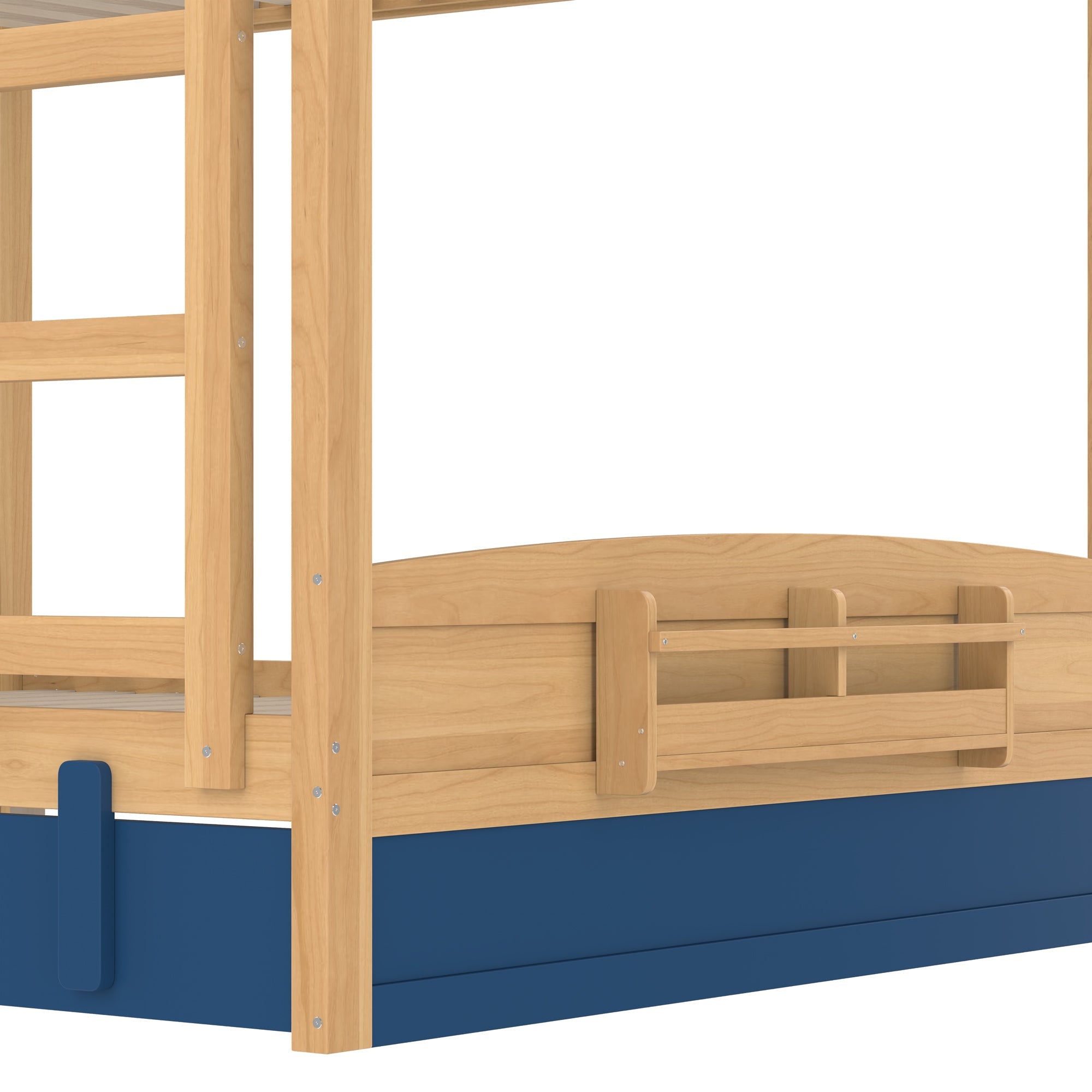 Queen Bunk Bed with Trundle , Wood Bunk Bed Frame with Built-in Bookshelf and High-quality Safety Guardrail,Automobile Form Design for Kids ,Blue＆Natural