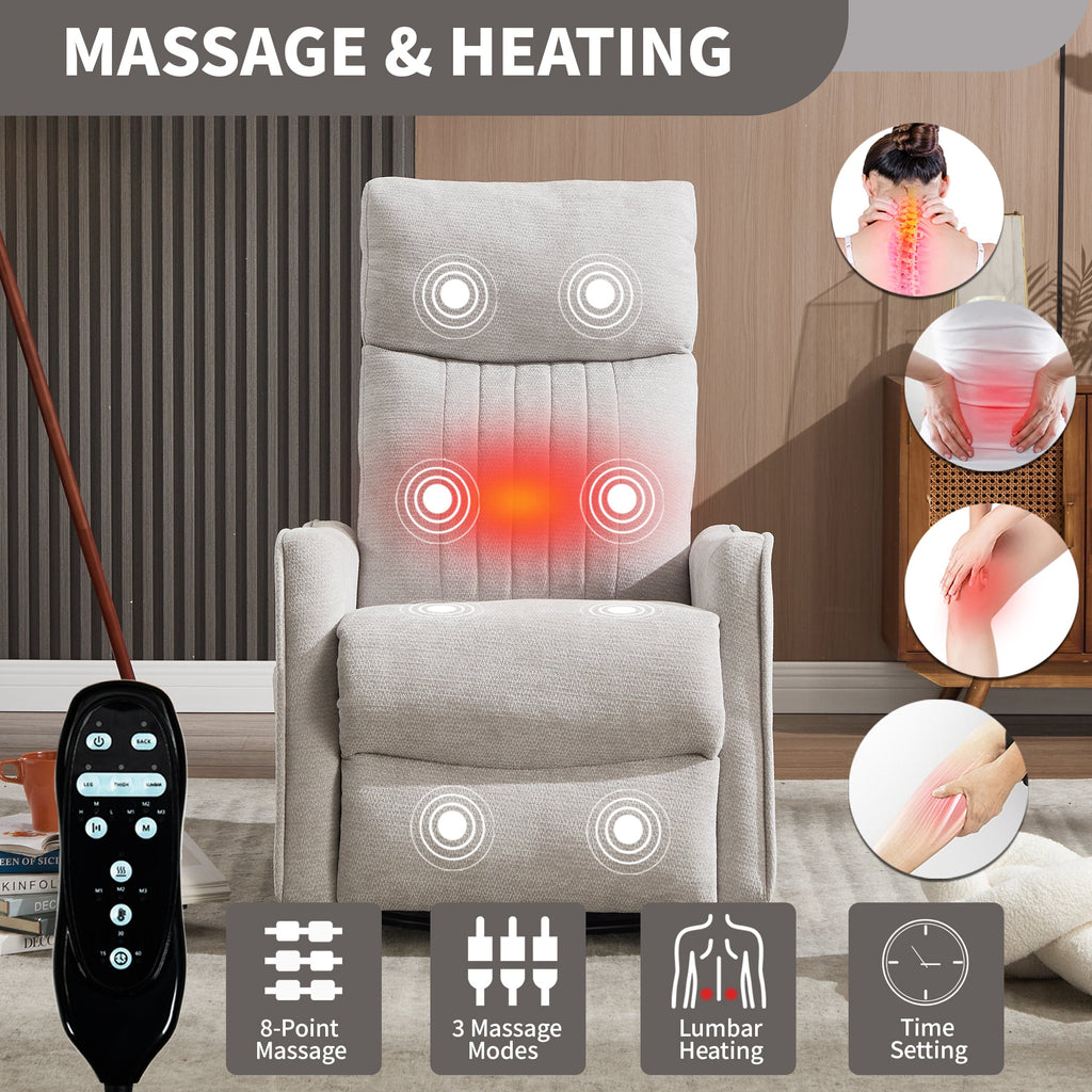 Light Grey Heat Massage Manual Recliner Chair with Rocker and Swivel in Fabric for Living Room