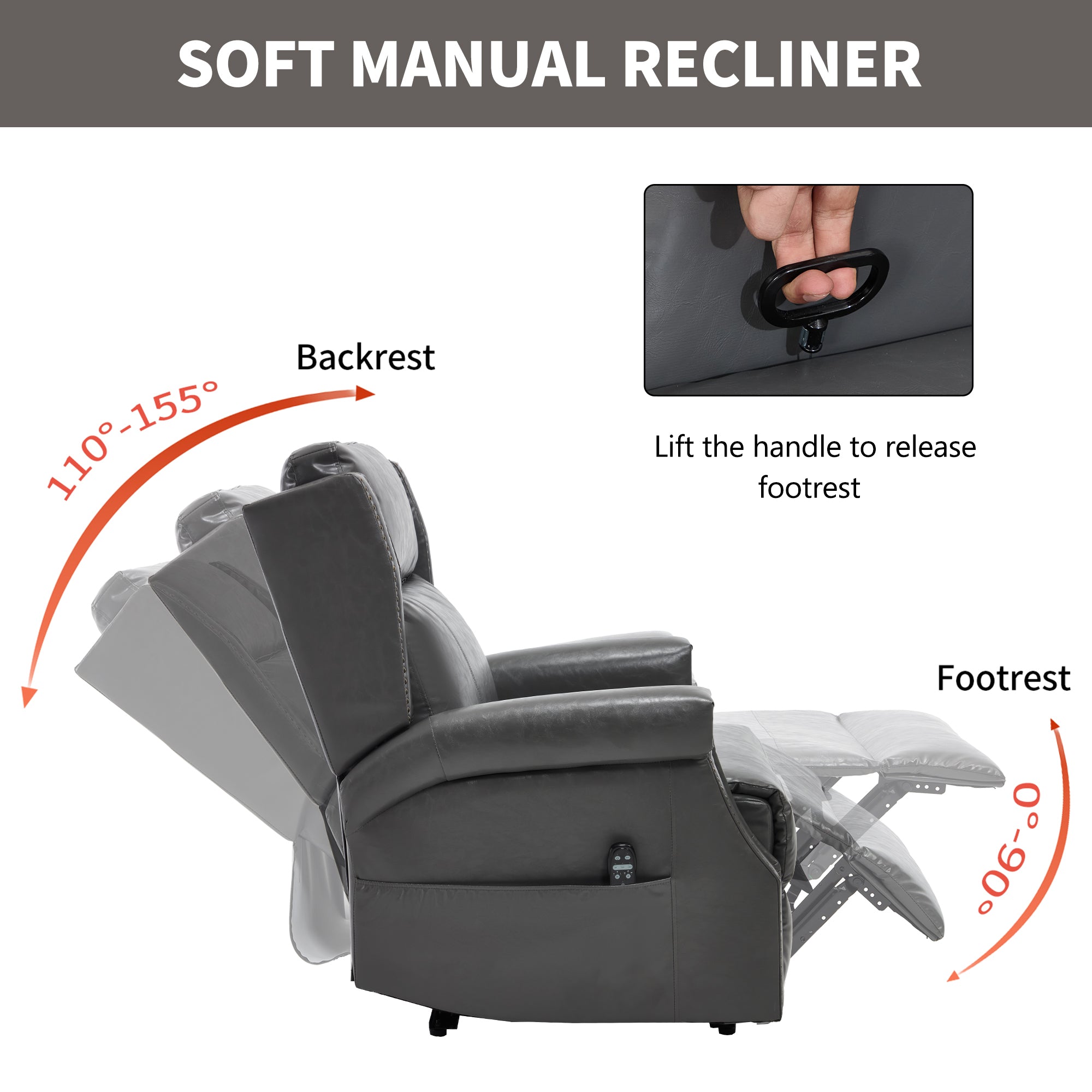 Grey Manual Recliner Chair in Faux Leather for Living Room with Heavy Duty Motion Mechanism, 8 vibrating nodes and 3 massage modes.