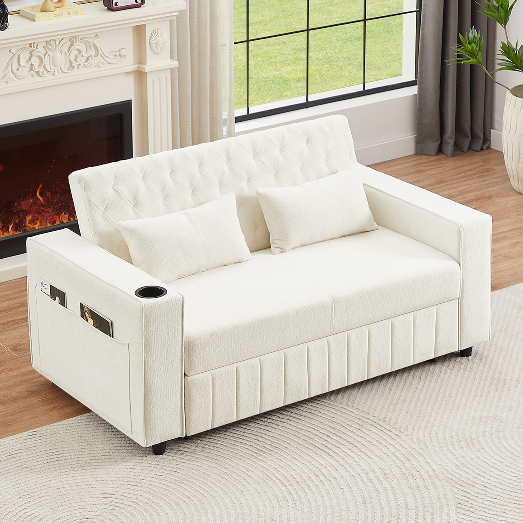 61.4' Pull-out Sofa Bed Convertible Couch Loveseat Sofa Modern Sleeper Sofa with Adjustable Backrest for Living Room, Beige