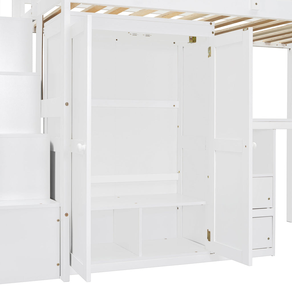 Twin Size Loft Bed with Stairs, Bookshelf, Drawers, Desk & Wardrobe – Space-Saving Multifunctional Furniture for Kids & Teens-White