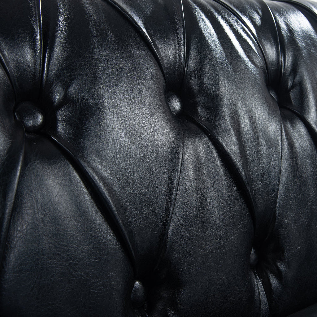 84.65" BLACK PU Rolled Arm Chesterfield Three Seater Sofa