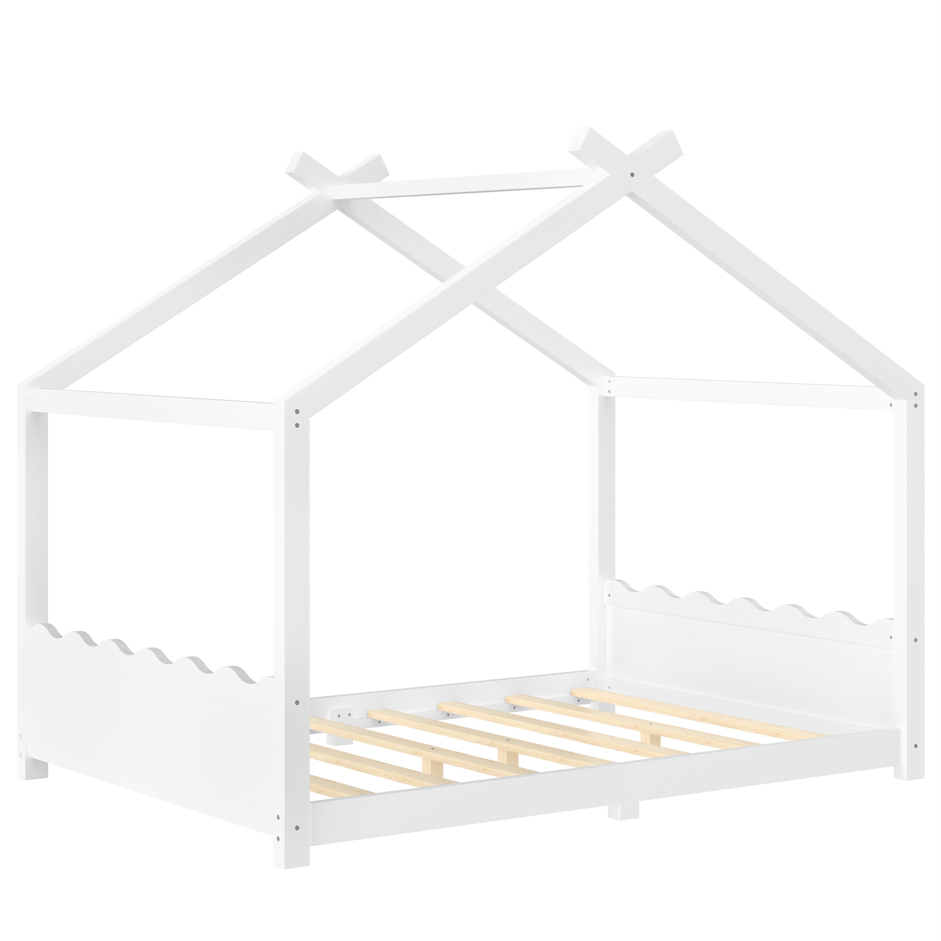 Full House Floor Bed with Support Slats, Solid Wood House Bed Frame for Kids, No Box Spring Needed and Opening Constructure, White