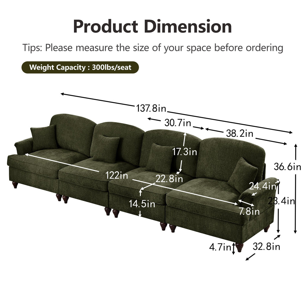 Elegant Mid Century Large 4 Seater Sofa Couch with Flared Arms and Removable Ruffles Pleats Skirts and Spindle Legs, Comfy Chenille Four-Seat Sofa for Living Room, Green