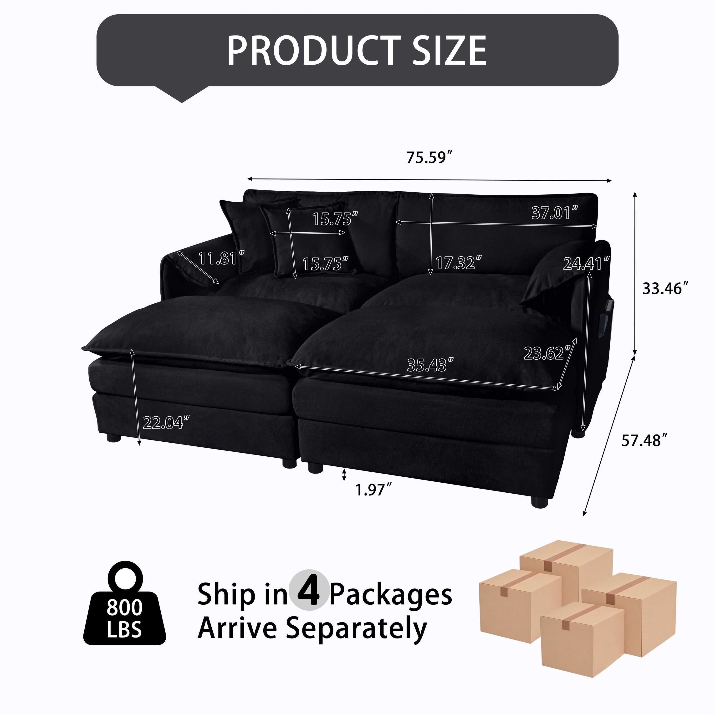 Deep Seat Sectional Cloud Sofa with 2 Ottomans & Soft Pillows, Loveseat Modular Couch for Living Room, Apartment,DIY Combination,Black