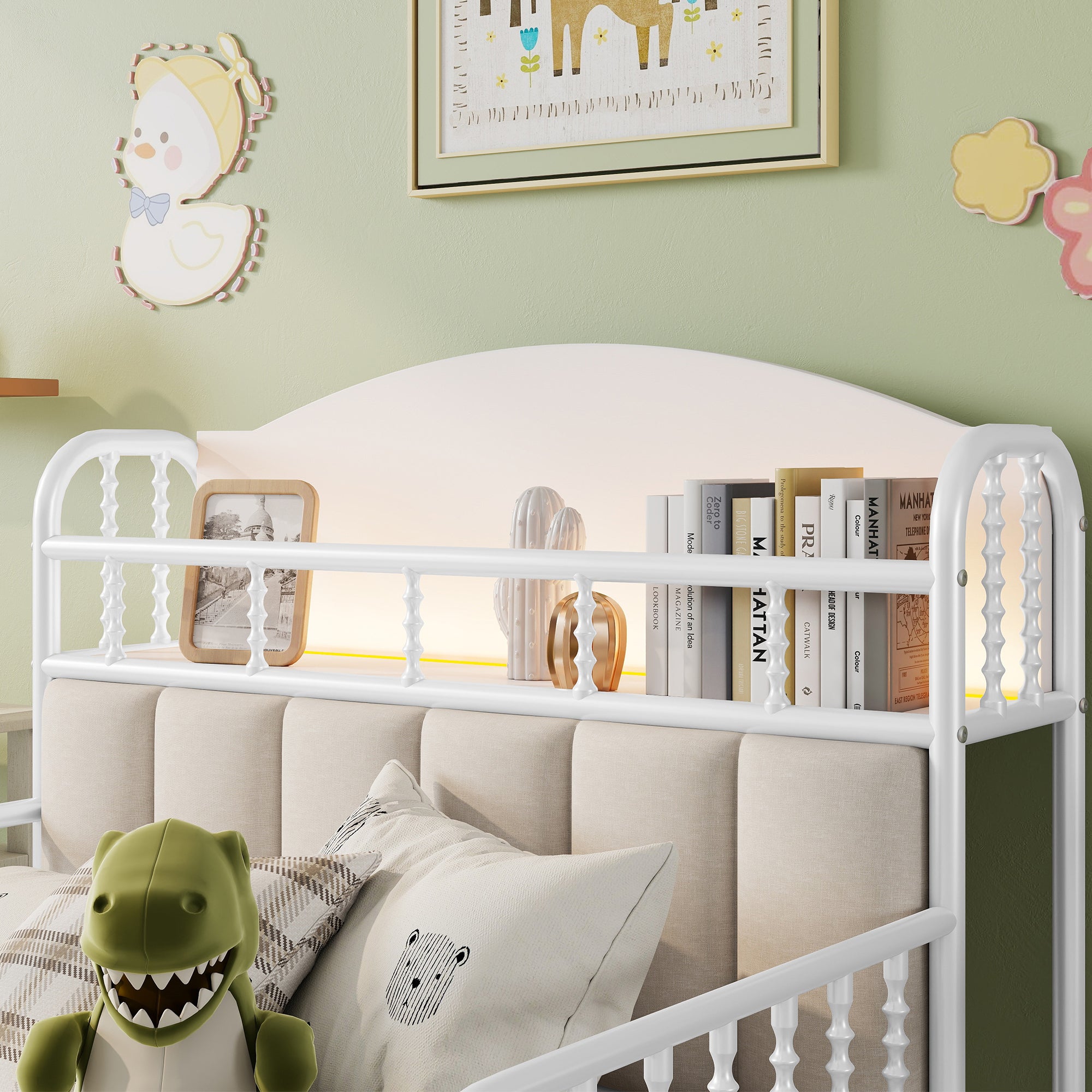 Twin Size Metal Platform Bed Frame with Light, Kids Twin Metal Bed with Upholstered and Storage Headboard, White (Expect Arrival Date 2025/10/5)