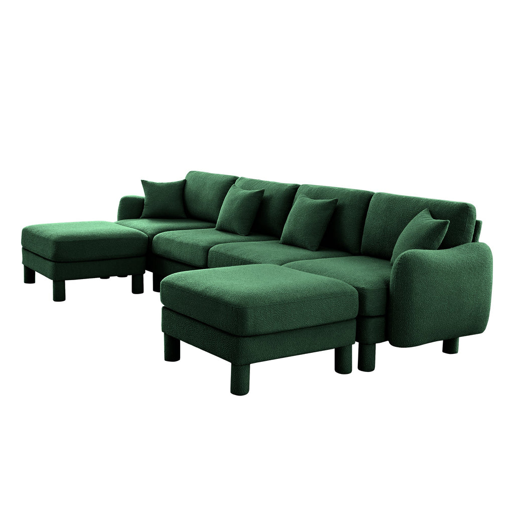 Boucle Fabric U Shape Sectional 4-seater Sofa Couch With Distinctive Shell-shaped Armrests And 2 Movable Ottomans,Cylindrical Legs Wrapped with Self-fabric,Green Color