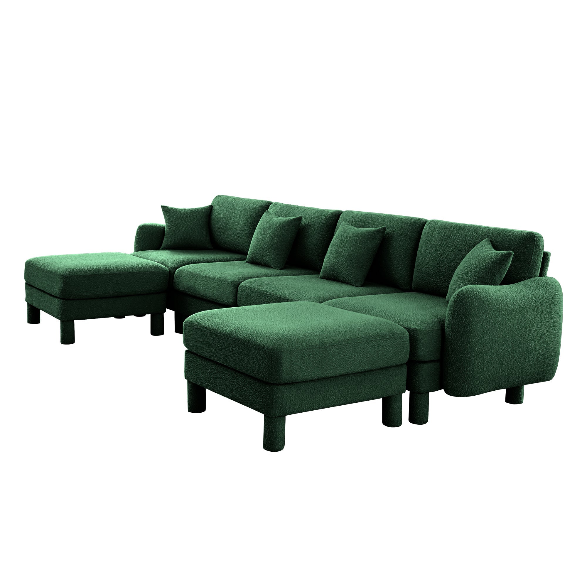 Boucle Fabric U Shape Sectional 4-seater Sofa Couch With Distinctive Shell-shaped Armrests And 2 Movable Ottomans,Cylindrical Legs Wrapped with Self-fabric,Green Color
