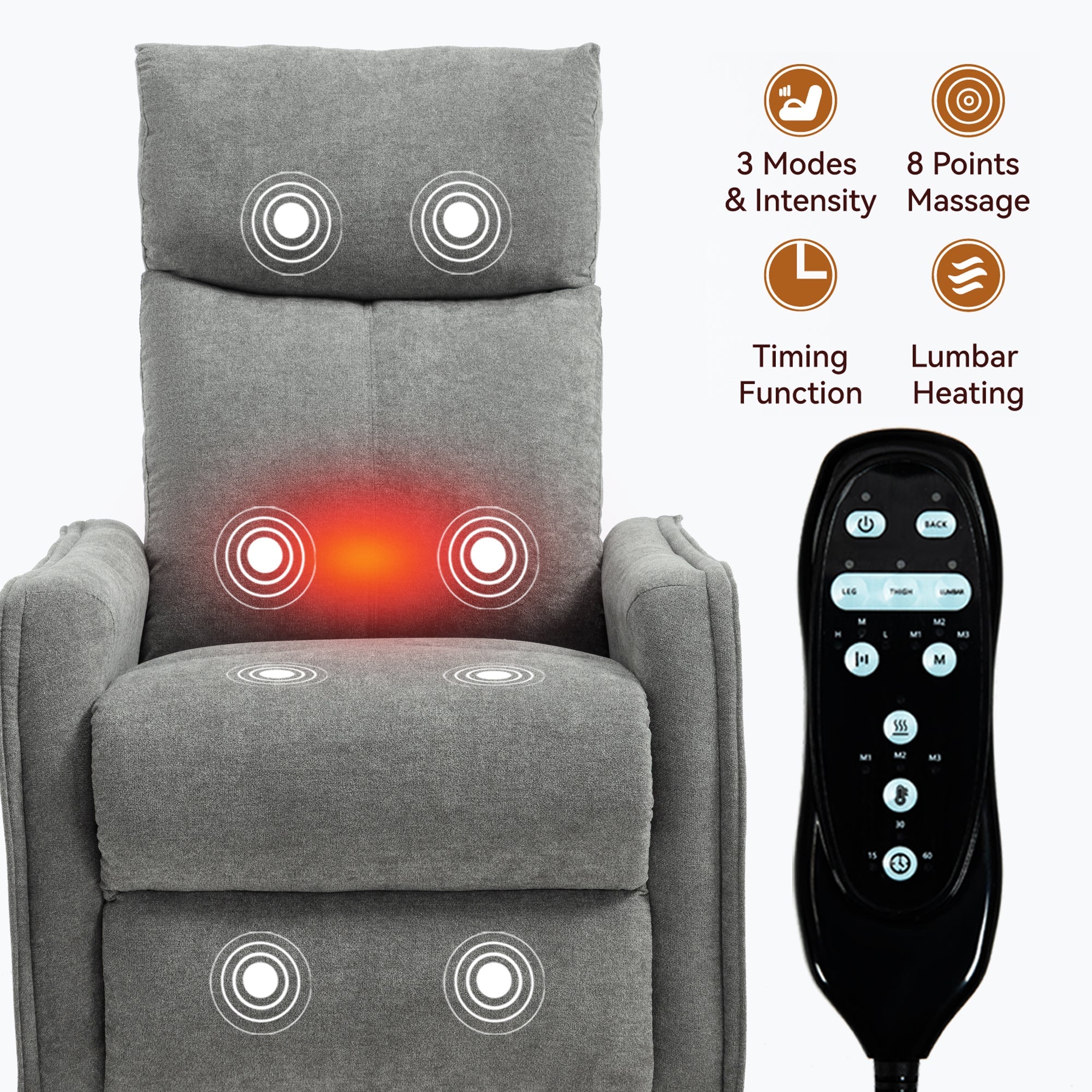 Heat Massage Manual Recliner Chair with Rocker and Swivel in Fabric for Living Room, Light Grey