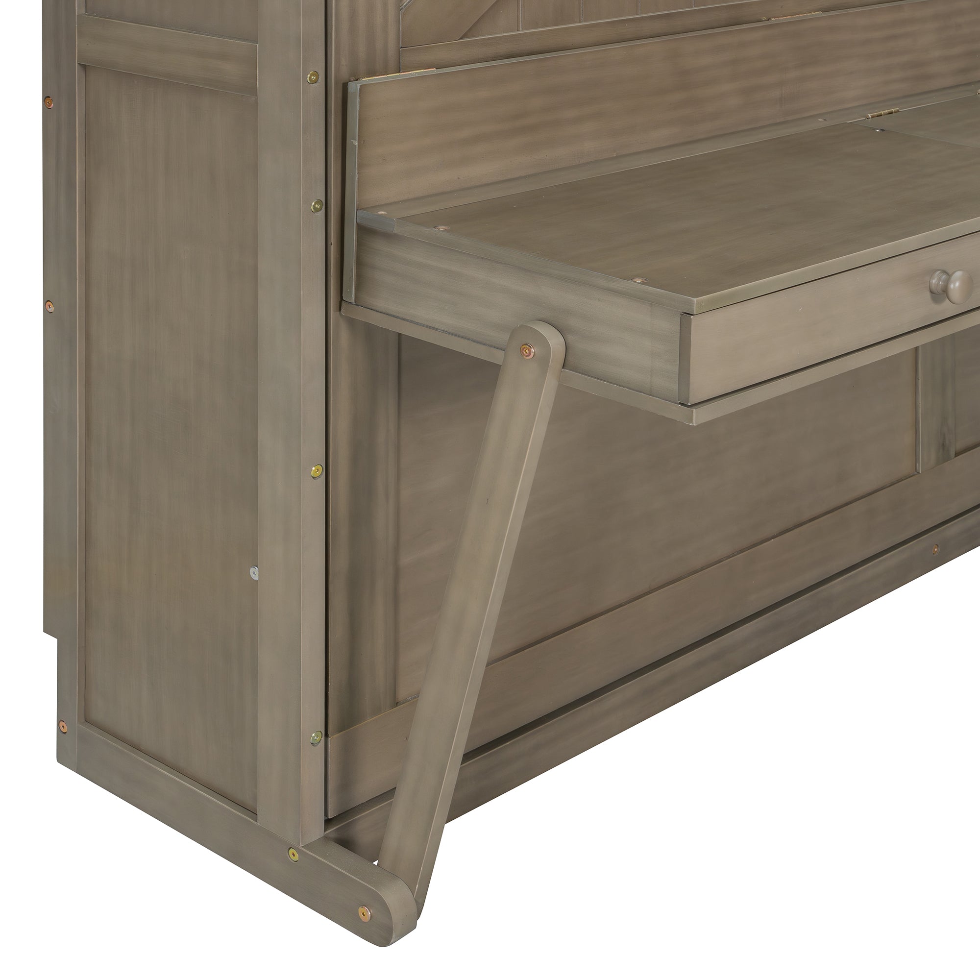 Queen Size Wall Murphy Bed with Storage, Foldable Cabinet Bed with Vanity Desk, Center Mirror & 2 Side Drawers, Distressed Gray