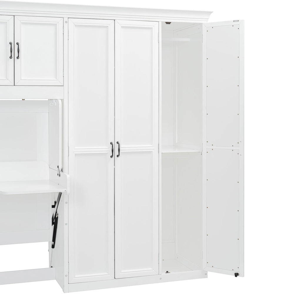 Twin Size Murphy Bed Wall Bed with Wardrobe, Cabinet and Desk, White