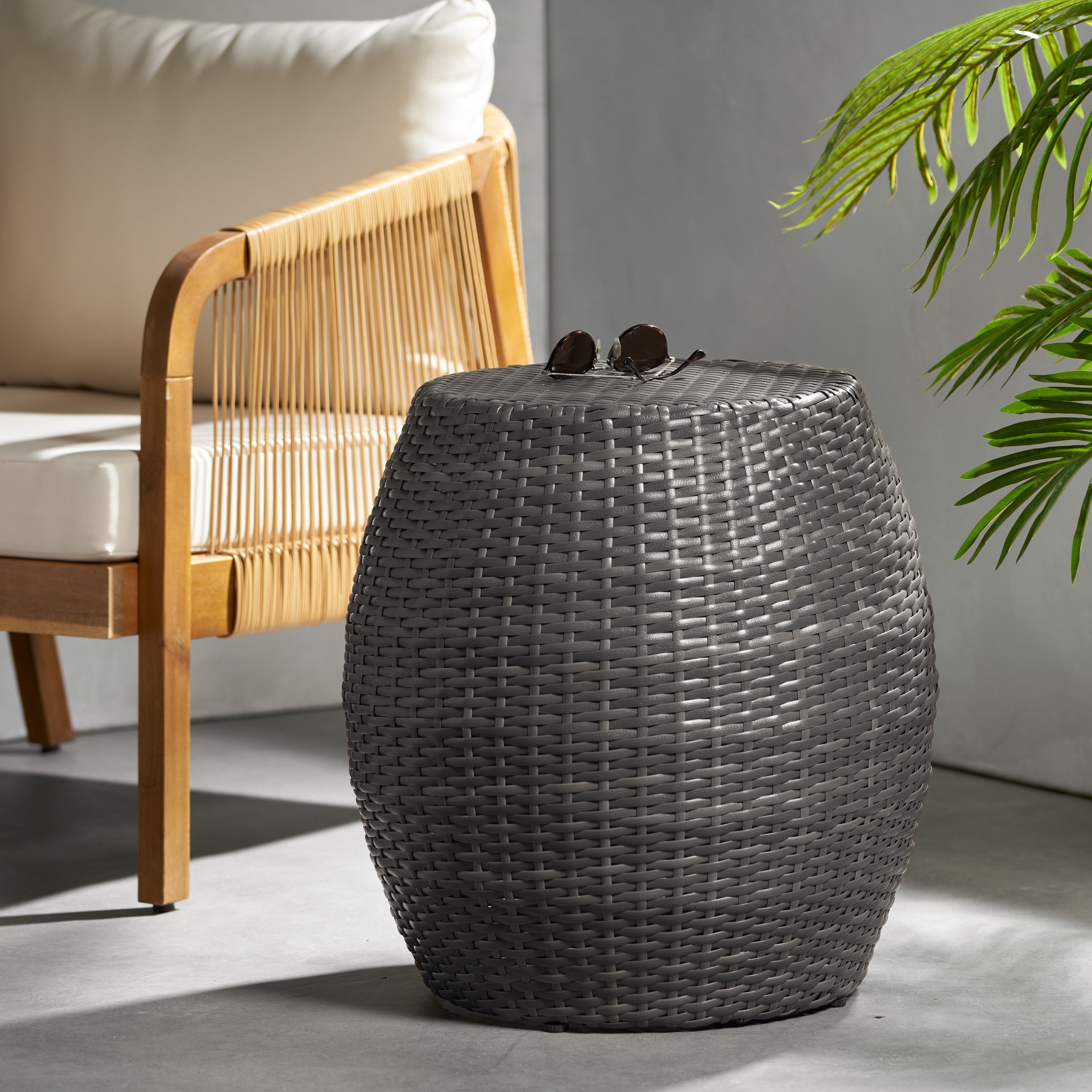 Outdoor Wicker Patio Side Table with Durable Polyethylene Frame in Grey, 20'' H x 19.25'' W