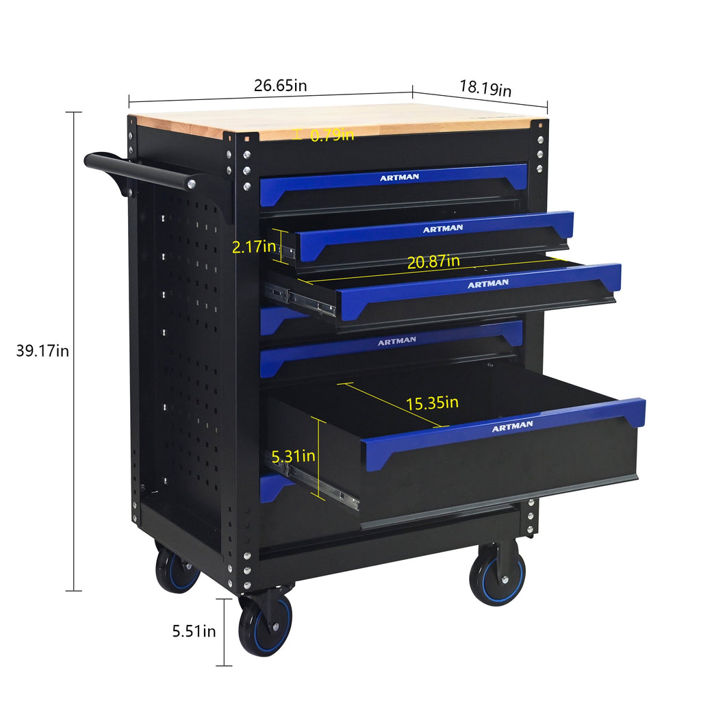 30-inch 7-drawer Wood-top Practical Rolling Steel Tool Cart, With Handle and Wheels, Storage Cabinet for Garages, Warehouses, Repair Shops, Requires Assembly of the the Tool Cart - Black & Blue