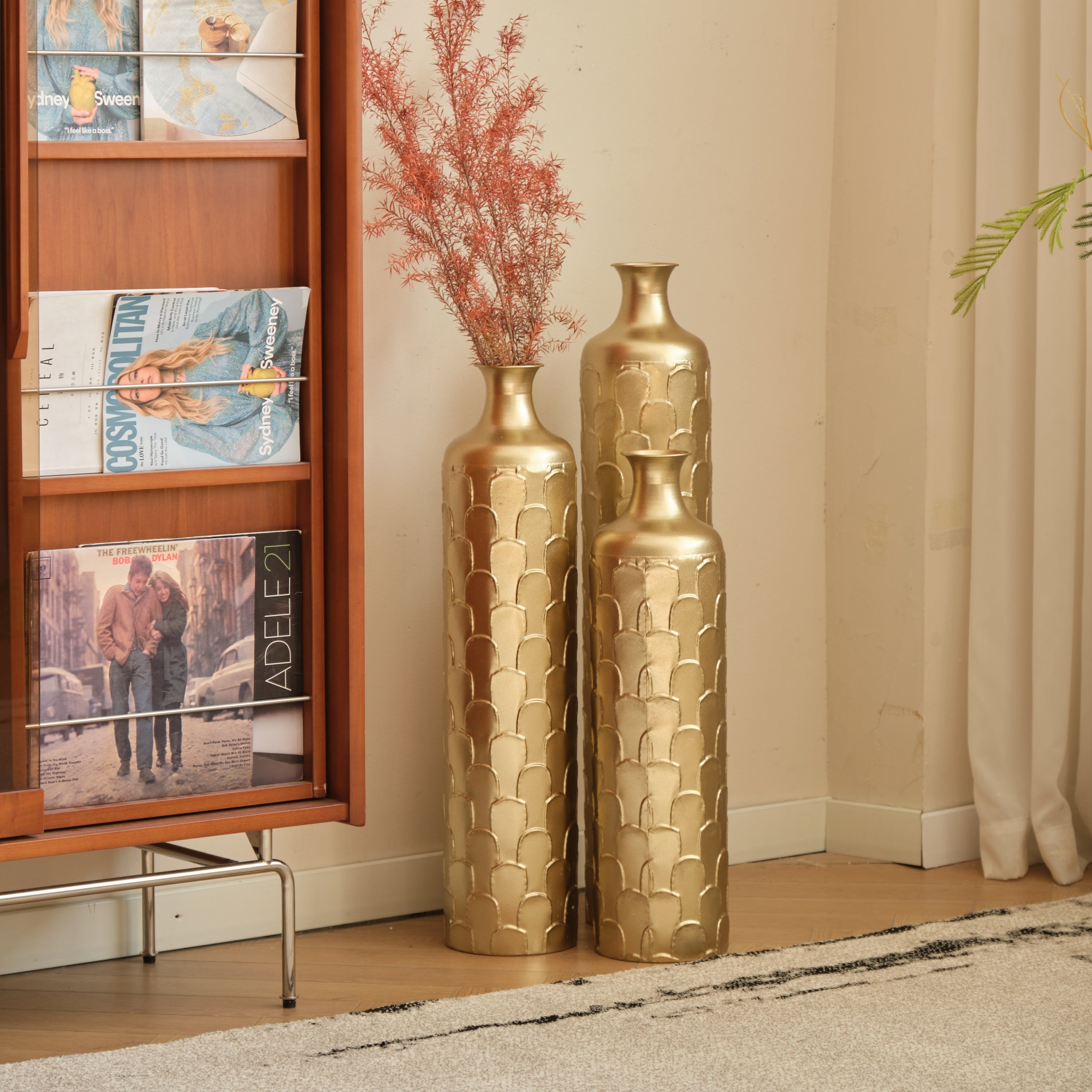 Floor Metal Vases Decorated White Metal Vases Set of 3 Gorgeous Home Decoration Large Glazed Metal Vases 25.2in/29.33in/34.25in Height