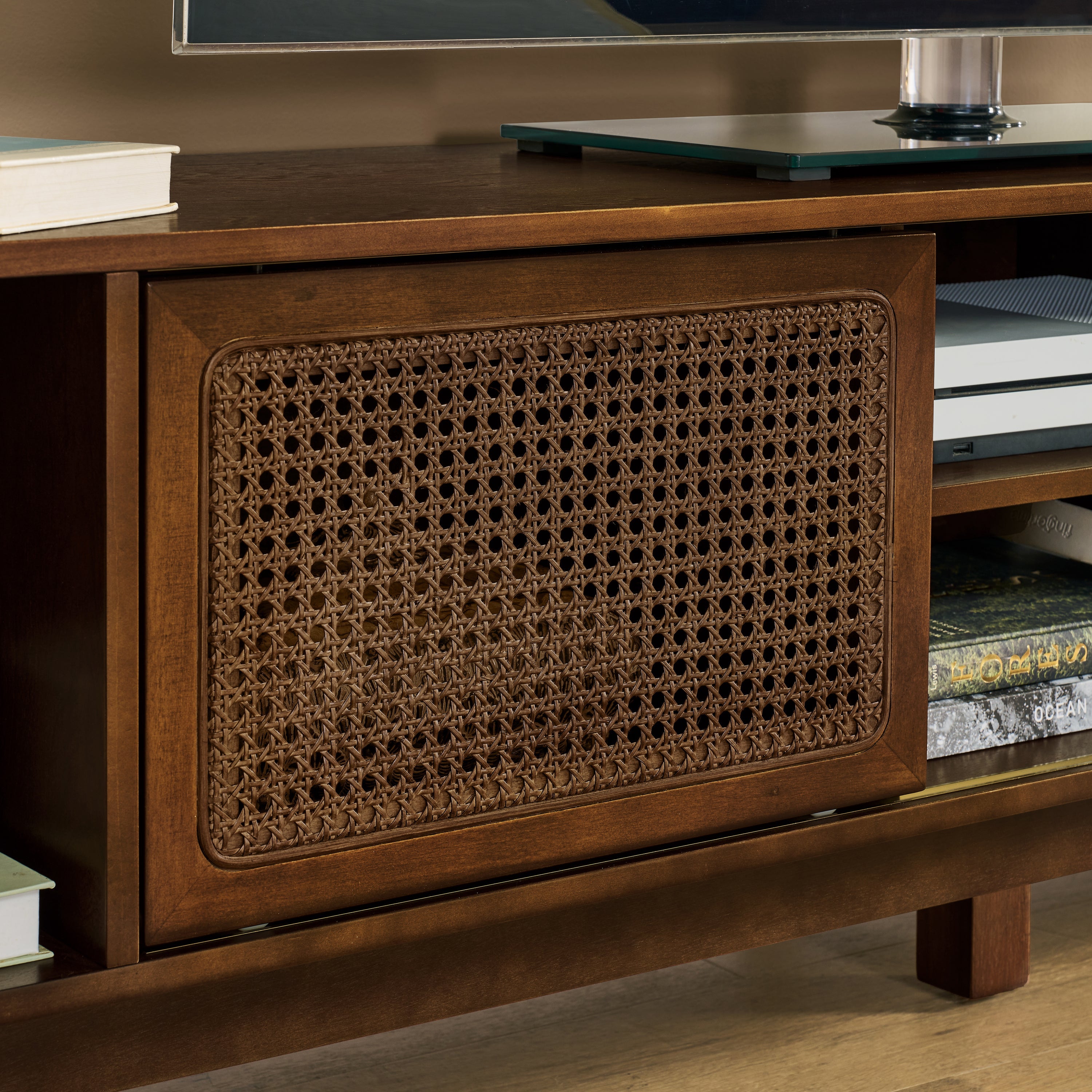 67.9 Inch Mid Century Modern Rattan TV Stand for TVs up to 75', Entertainment Cabinet, Media Console for Living Room Media Room, Solid Wood Feet & Rattan Cabinet Doors - Walnut