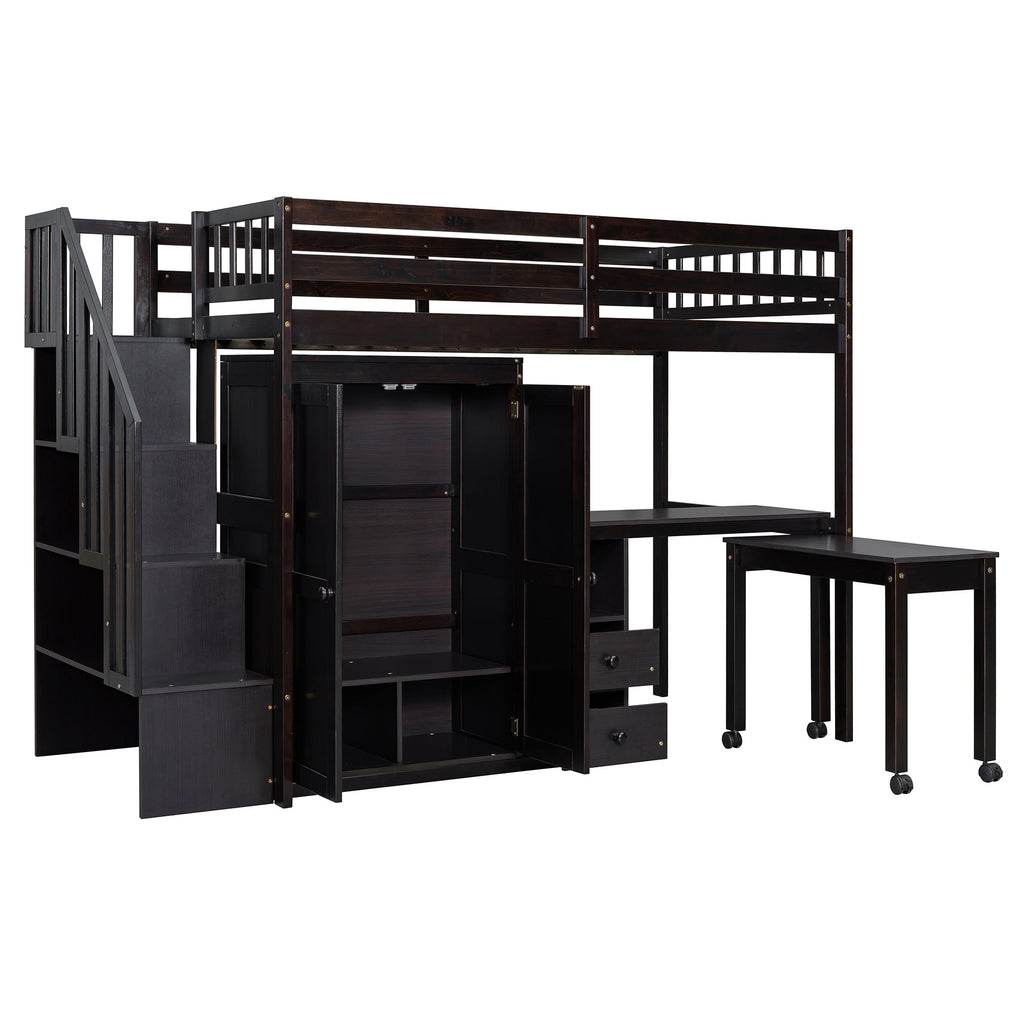 Twin Size Loft Bed with Stairs, Bookshelf, Drawers, Desk & Wardrobe – Space-Saving Multifunctional Furniture for Kids & Teens-Espresso