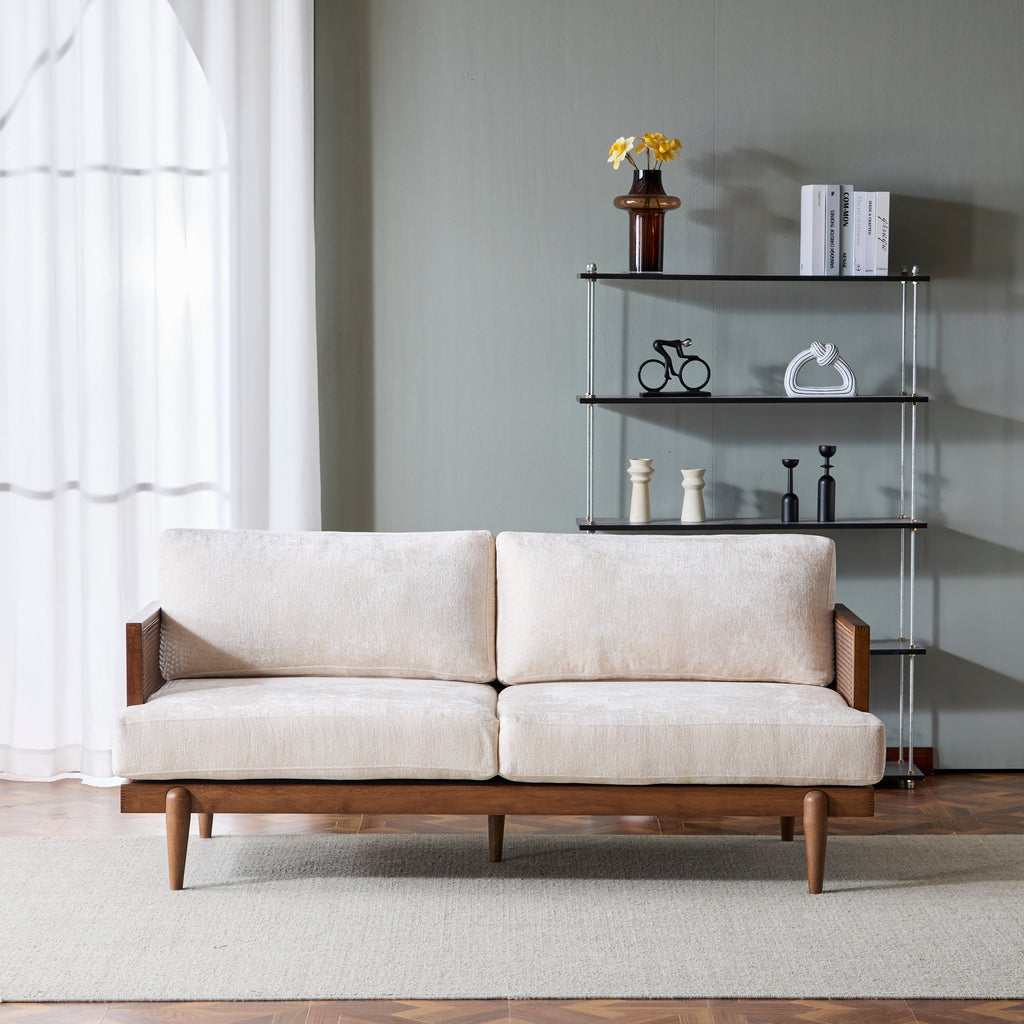 EMIR 72' Square Arm 3-Seater Sofa with Cane Rattan and Wooden Frame,Walnut,,Living Rooms,Bedrooms,Apartment Office