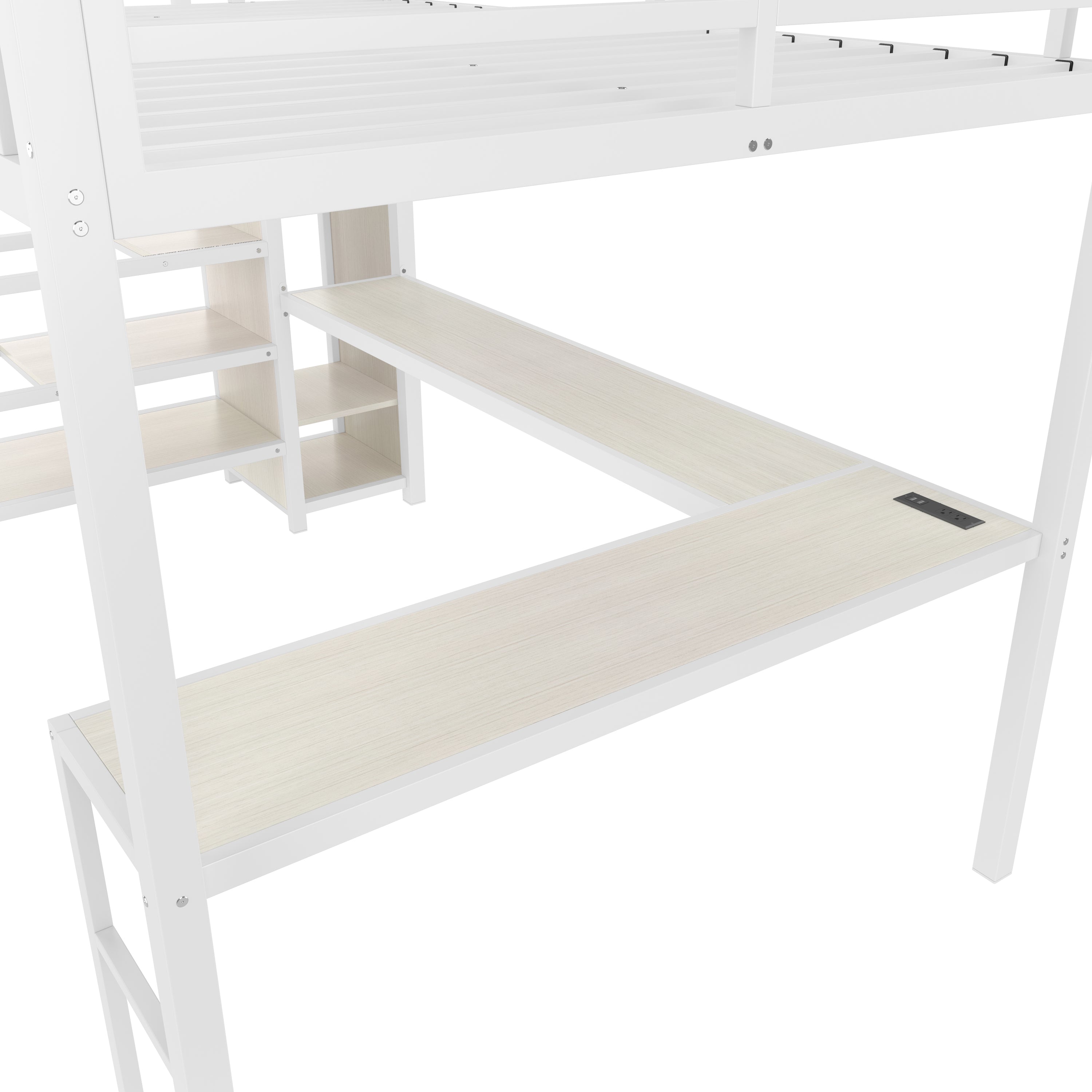 Queen Size Loft Bed with L-shaped Desk and USB, Metal Loft Bed with Wardrobe and Adjustable Shelf, High Loft Bed with LED for Kids Teens Adults, White Wood-grain