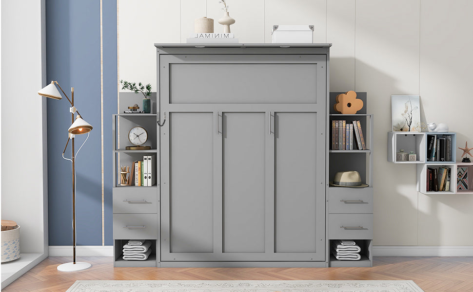 Queen Size Murphy Bed Wall Bed with Shelves, Drawers and Lights,Gray(OLD SKU:LP000566AAE-1)