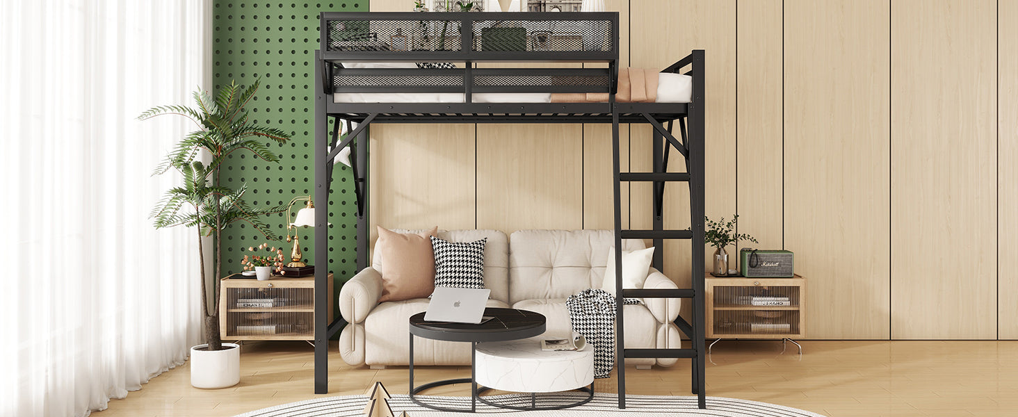 Queen Size Loft Bed with Ladder, Metal Queen Loft Bed with Storage Shelves, High Loft Bed for Kids Teens, Black(Expect Arrival Date 2025/12/3, Old SKU W2580P353530)