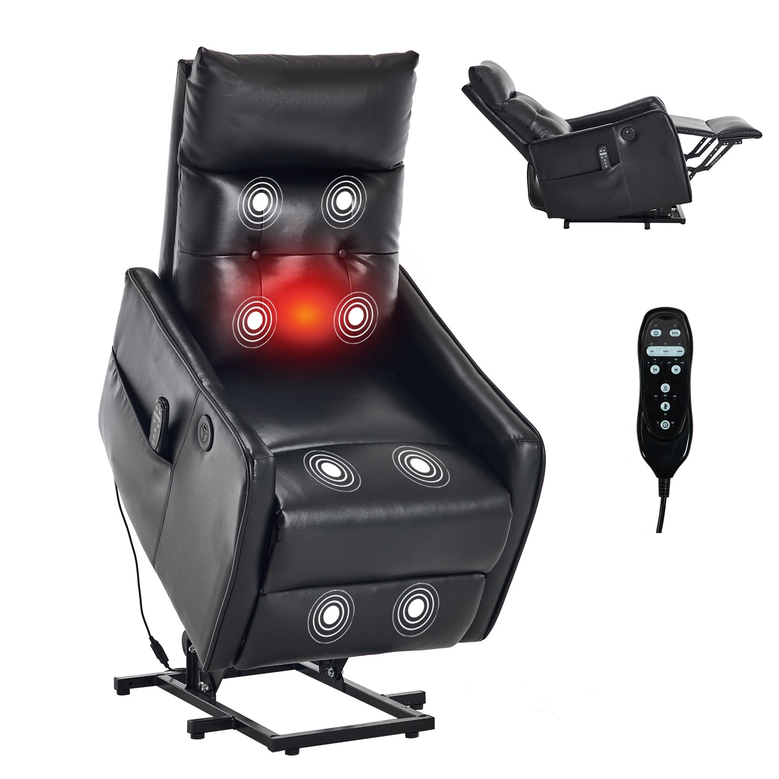 Black PU Single Motor Power Lift Recliner Chair with Massage and Heat for Elderly, Heavy Duty Motion Mechanism and One USB for Charging, Max Reclining Angle 155°