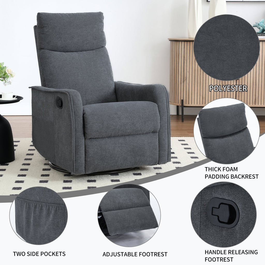 Heat Massage Manual Recliner Chair with Rocker and Swivel in Fabric for Living Room, Grey