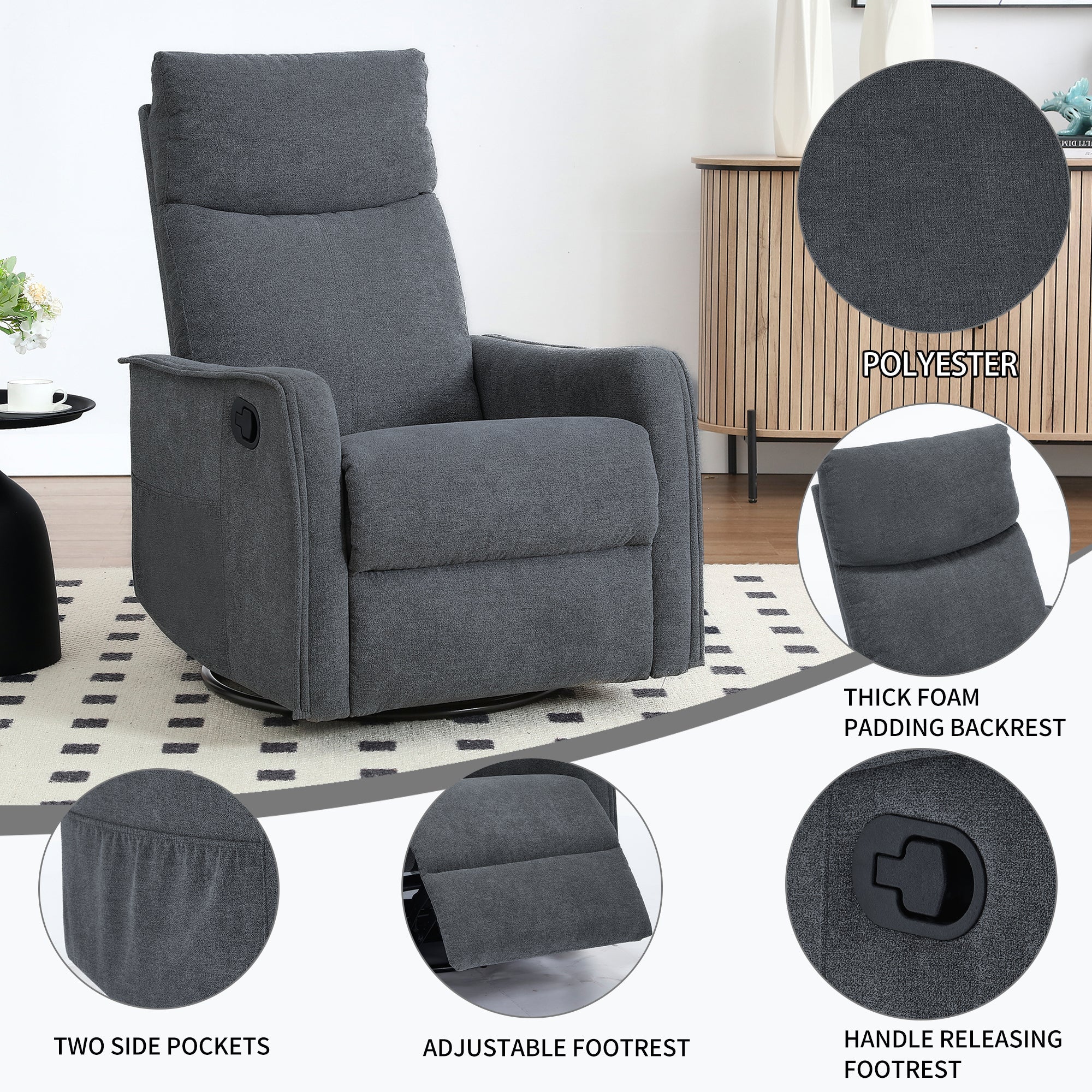 Heat Massage Manual Recliner Chair with Rocker and Swivel in Fabric for Living Room, Grey