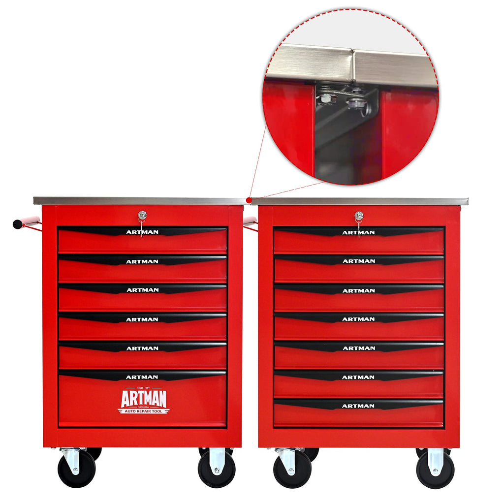 6 Drawers Multifunctional Tool Cart with Wheels,Metal Rolling Tool Cart Storage for Garage Workshop Warehouse Repair Shop--With Stainless Steel Roof- Red&Black