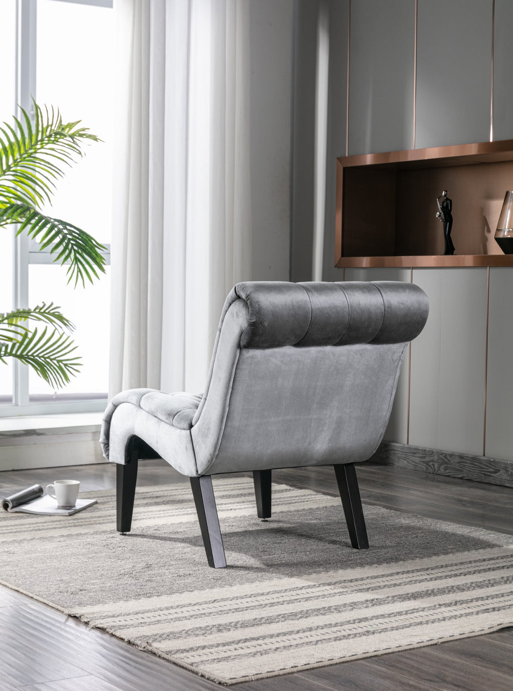 COOLMORE Modern Velvet Armless Accent Living Room Chair / Leisure Chair,Upholstered Fabric Button Comfortable Chair with Wooden Legs for Bedroom, Living Room, Office (Silver Velvet)