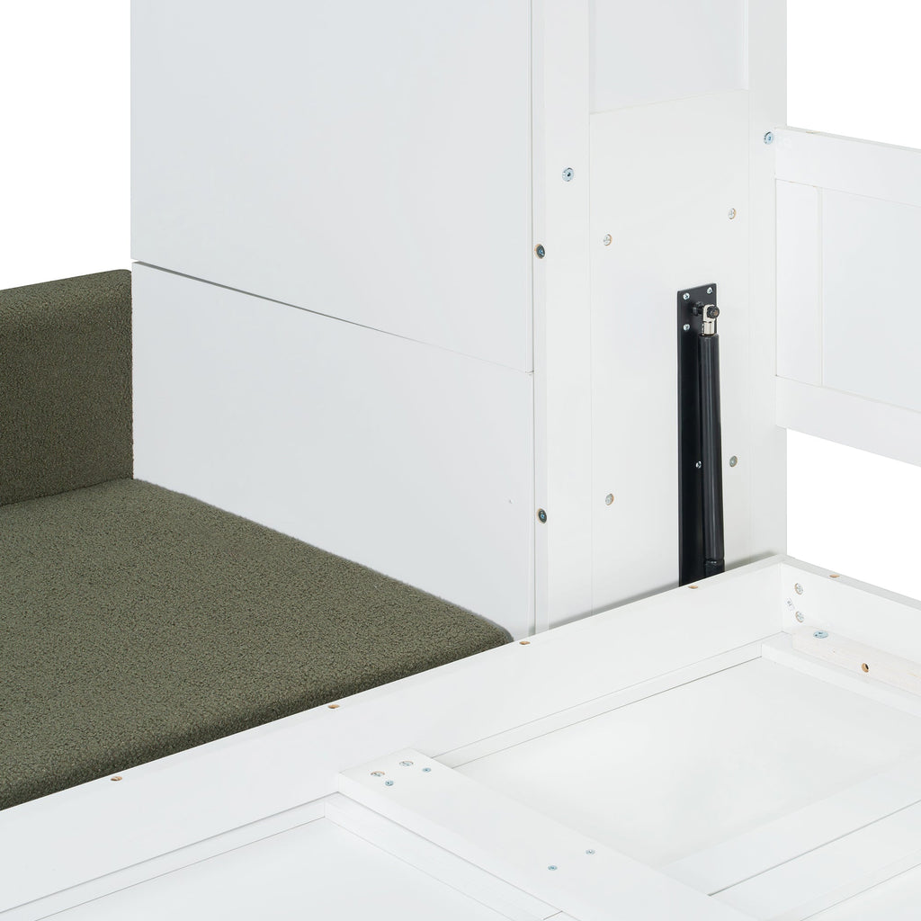 Queen Size Murphy Bed Wall Bed with Sofa and Shelves,White Panel, Green Sofa