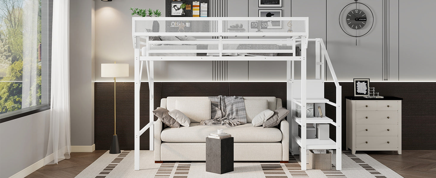 Twin XL Size Loft Bed with Stairs, Metal Full Loft Bed with Storage Shelves, High Loft Bed with Wardrobe for Kids Teens,White(Expect Arrival Date 2025/10/14)
