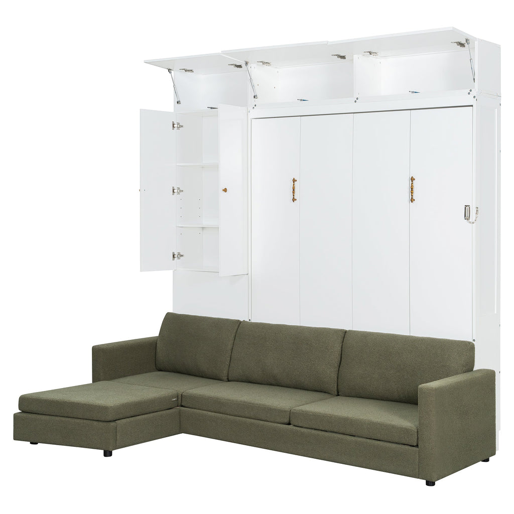 Queen Size Murphy Bed Wall Bed with Sofa and Shelves,White Panel, Green Sofa
