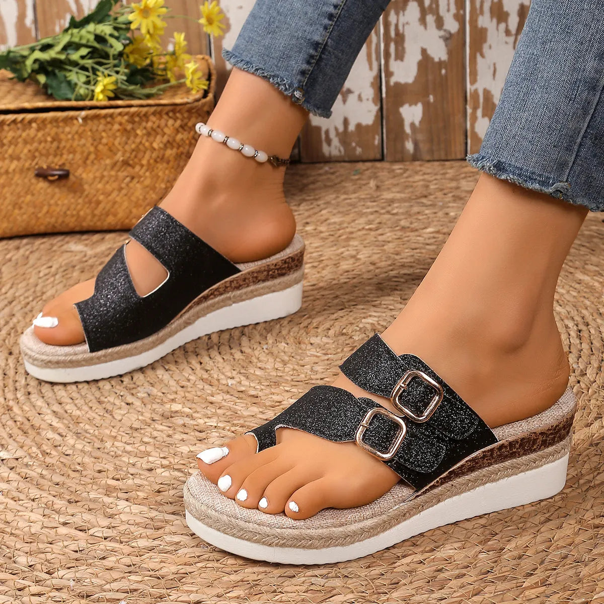 Double Buckle Wedge Sandals