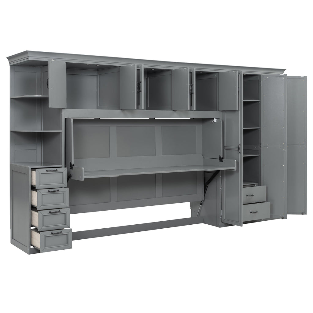 Twin Size Murphy Bed Wall Bed with Wardrobe, Cabinet and Desk, Gray