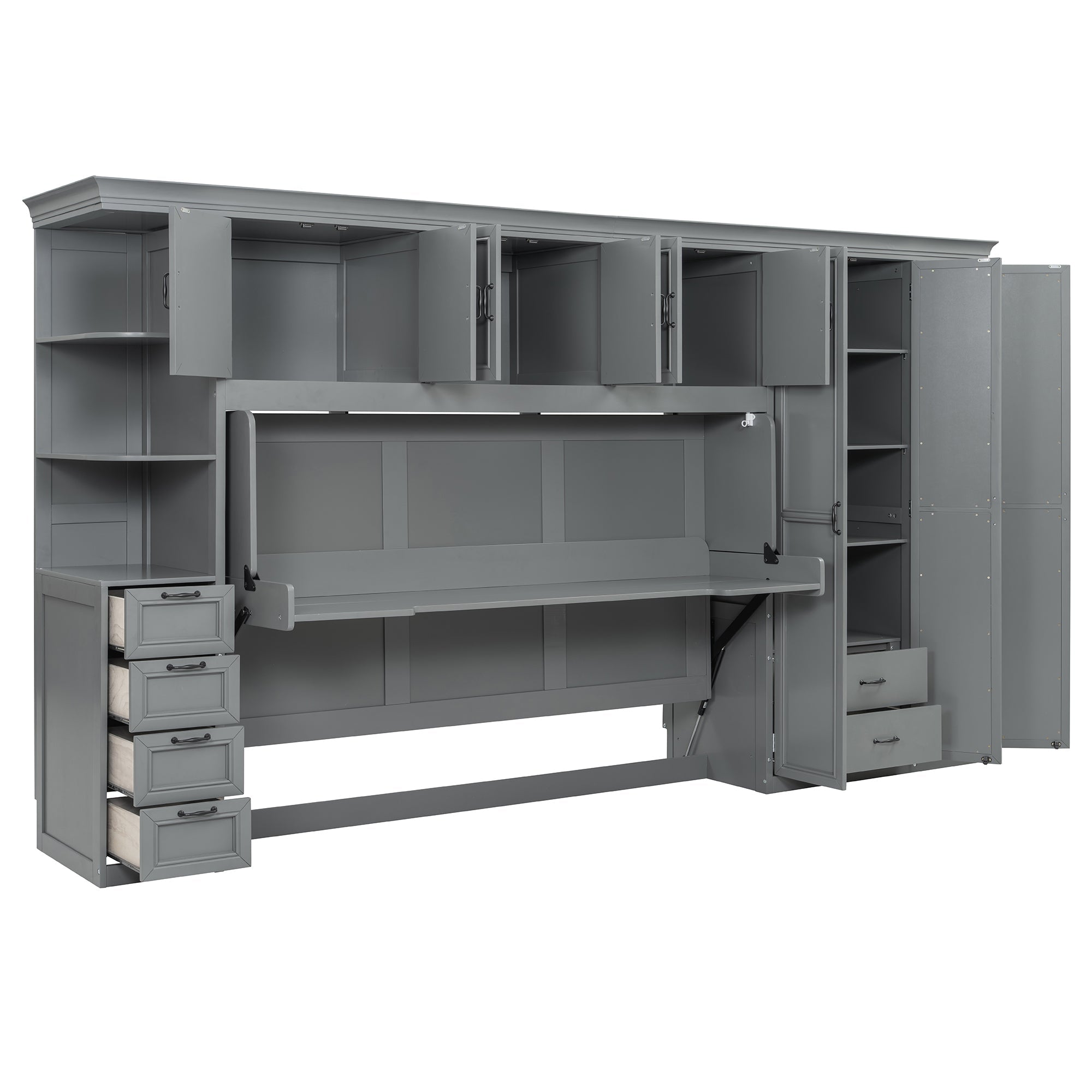 Twin Size Murphy Bed Wall Bed with Wardrobe, Cabinet and Desk, Gray