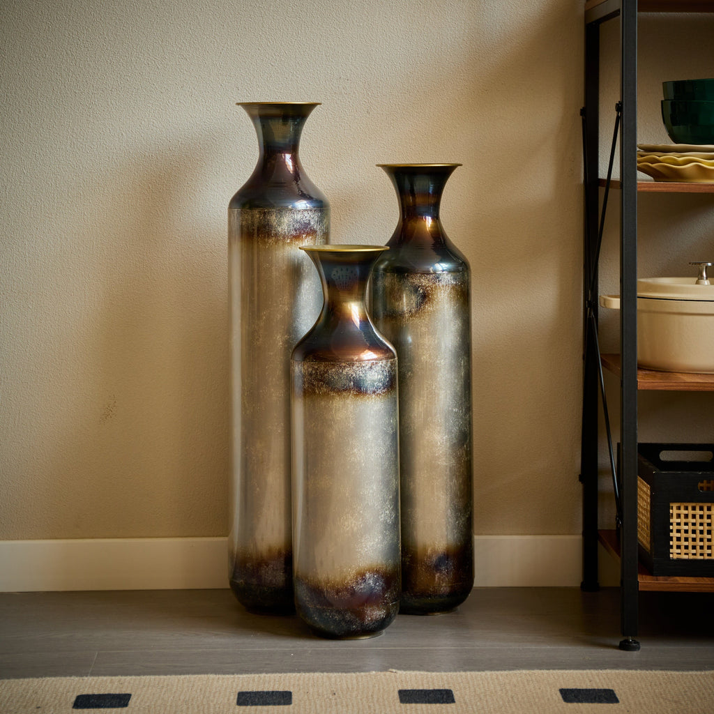 Modern Droplet-Shaped Floor Vase Set – Gold & White Glazed Metal Decorative Vases – 3-Piece Home Accent for Living Room or Entryway