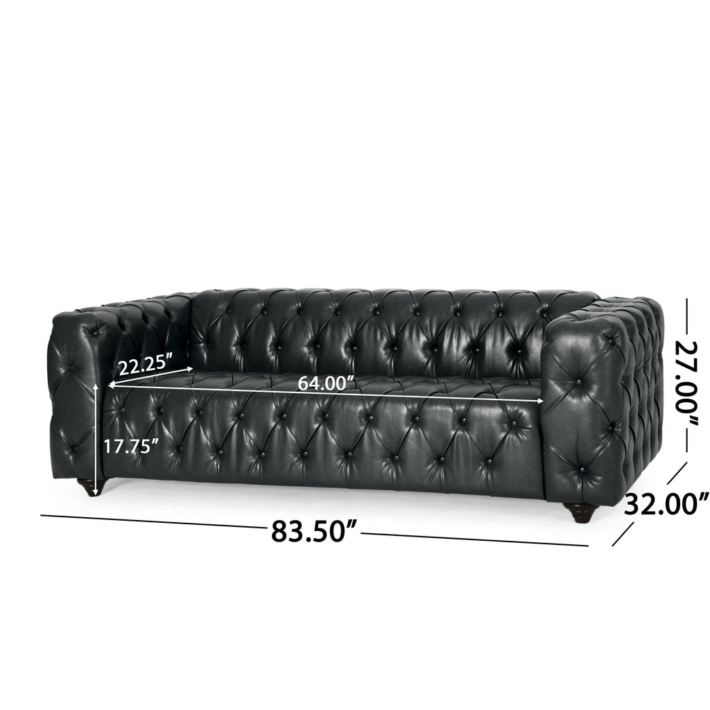 Mirod Comfy 3-Seat Sofa with Wooden Legs, PU Upholstery, Black, 83.5'' Width