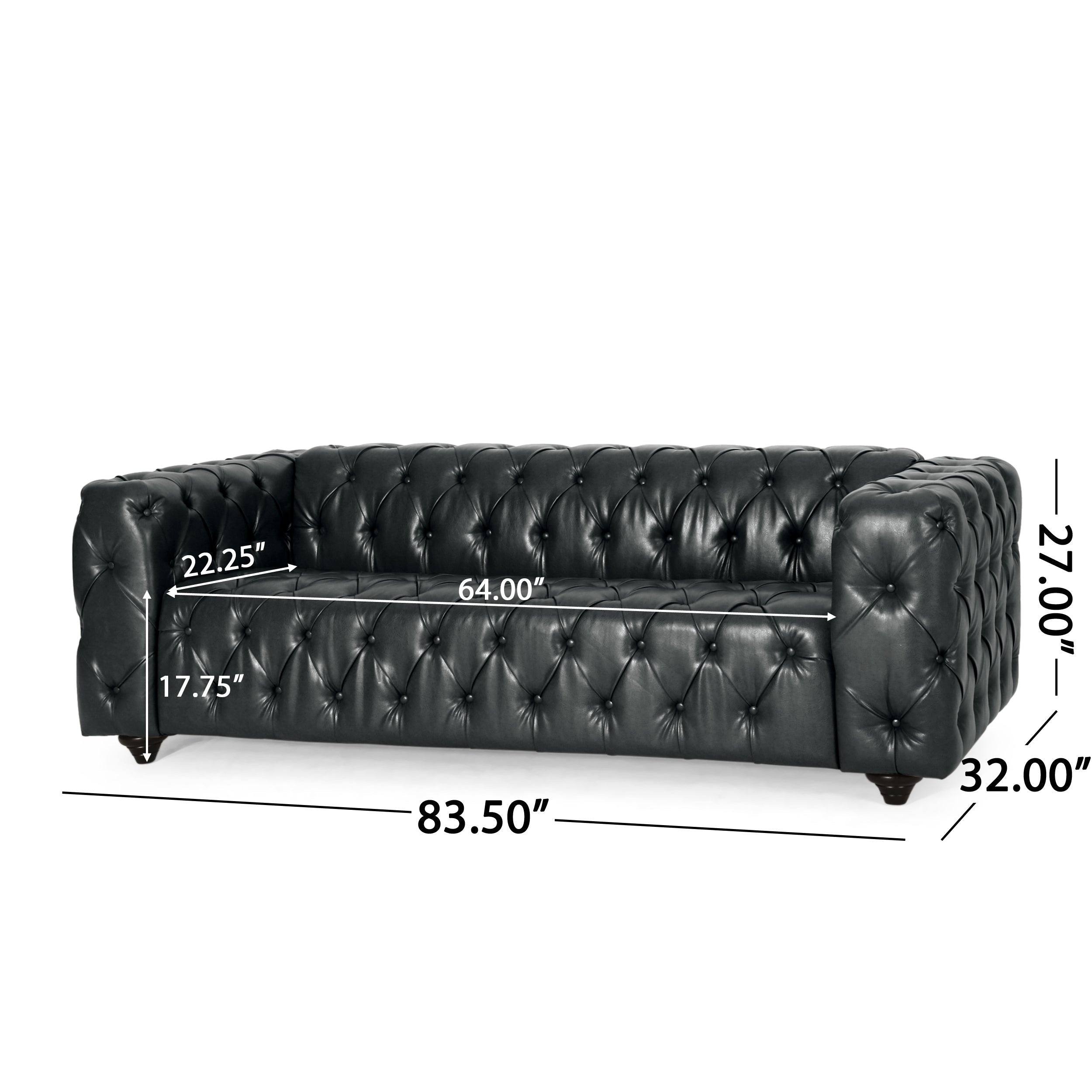 Mirod Comfy 3-Seat Sofa with Wooden Legs, PU Upholstery, Black, 83.5'' Width