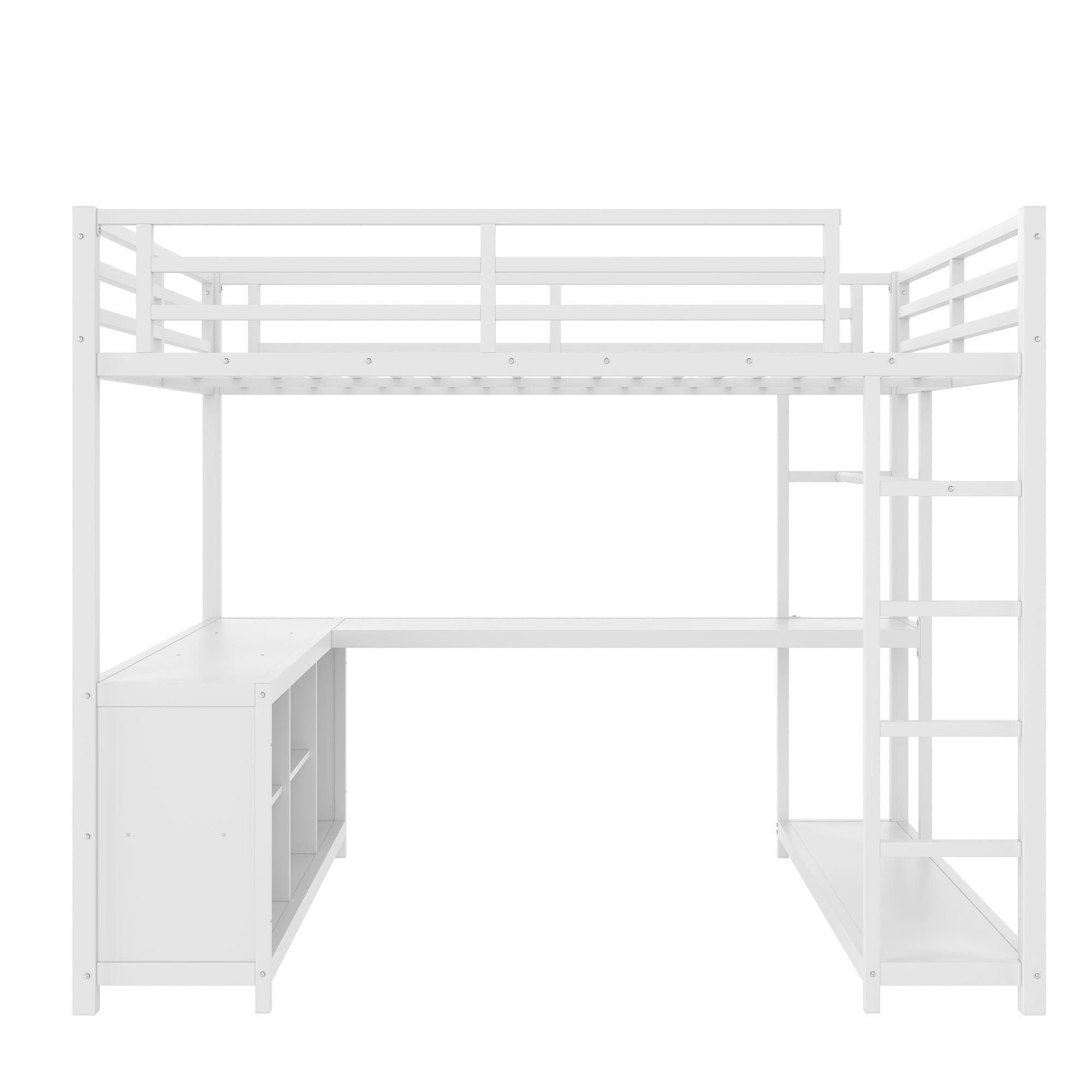 Metal Loft Bed with Wardrobe and L-shaped Desk, Queen Size Loft Bed with Storage Cubes and Shelves, Loft Bed for Kids Teens Adults, White