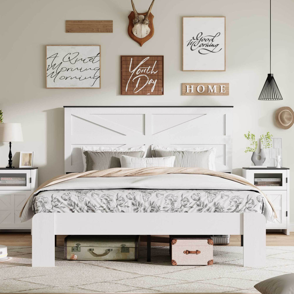 King Bed Frame Headboard , Wood Platform Bed Frame , Noise Free,No Box Spring Needed and Easy Assembly Tool,Large Under Bed Storage,White