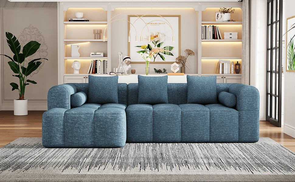 Modern Modular Sofa with Deep Seating, Two Side Pockets, and Plush Pillows in Blue Chenille Fabric, 101.2'
