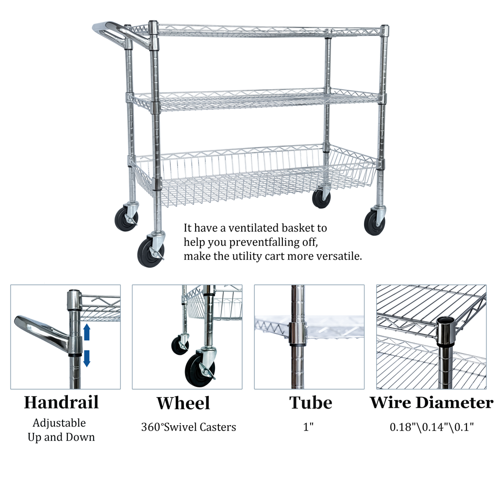Heavy Duty Rolling Utility Cart,3 Tier Rolling Carts with Wheels,with Handle Bar & Shelf Liners,36'x18'x32'Storage Cart for Kitchen,Restaurant,Plant Display,Chrome