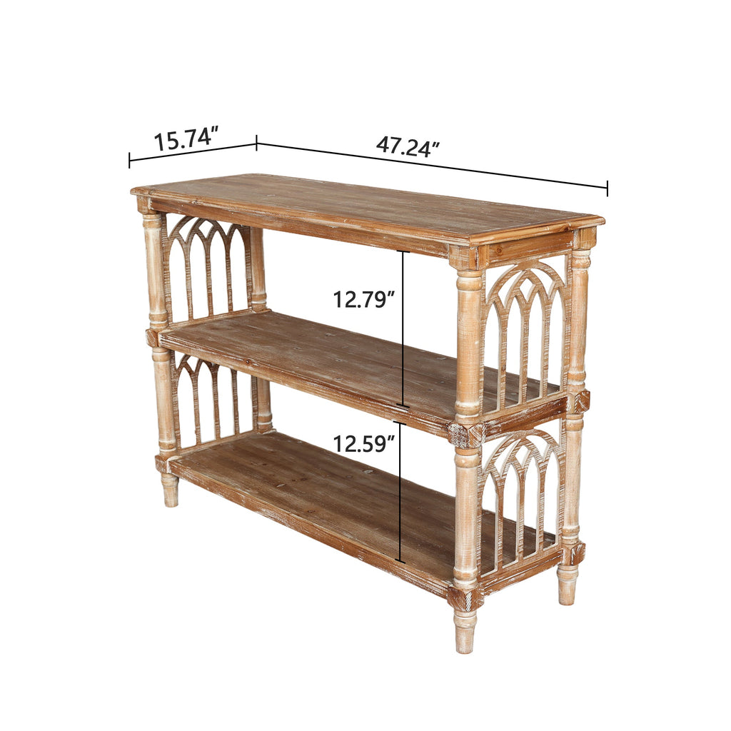 Rustic 3 - Tier Console Table with Gothic - Inspired Details, 47.24' Long Wooden Entryway Table for Living Room and Hallway