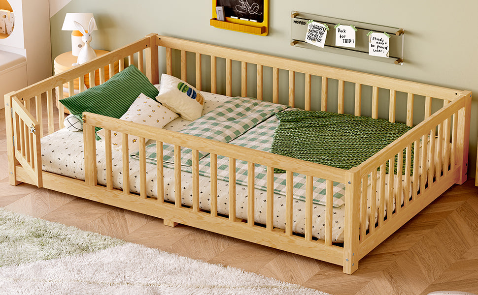 Full Size Bed Floor Bed with Safety Guardrails and Door for Kids, Natural(Old SKU:  W1580P154627)