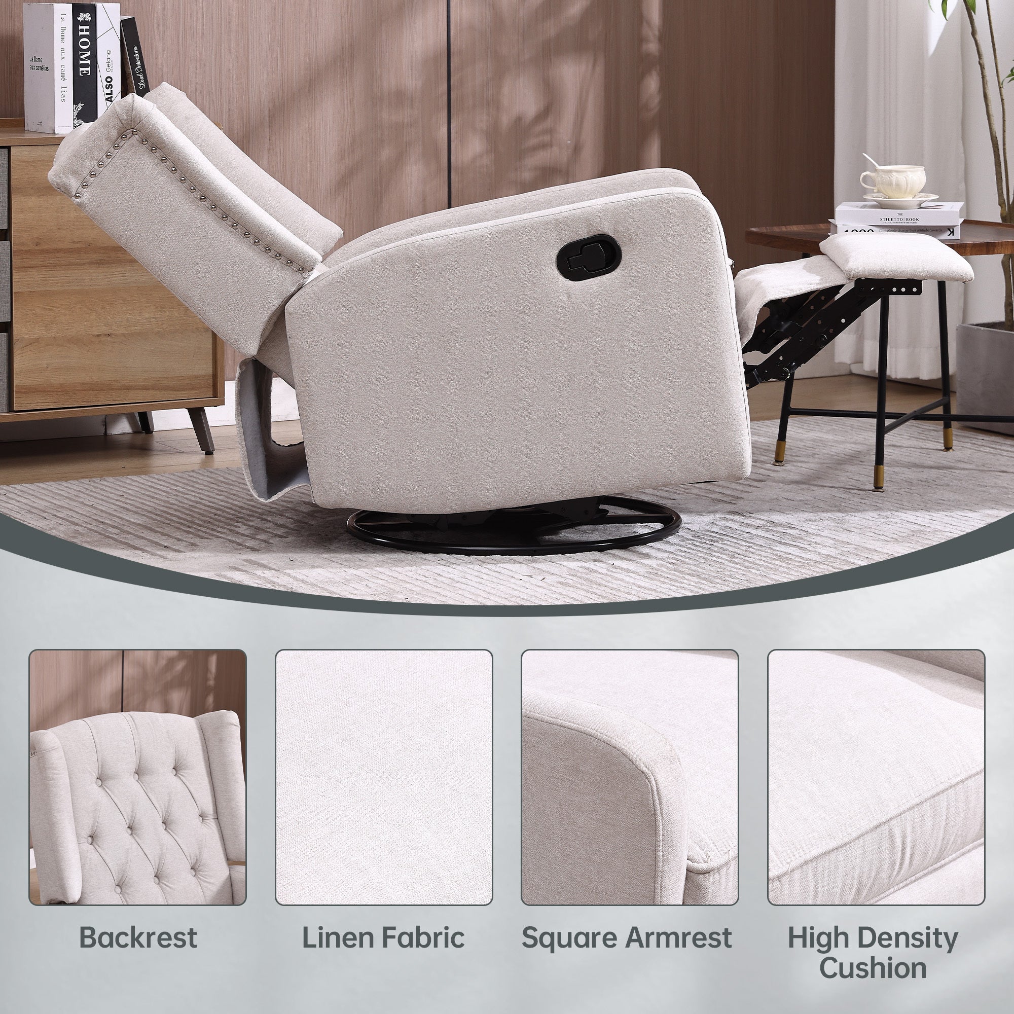 COOLMORE Rocking Recliner Chair,360 Degree Swivel Nursery Rocking Chair,Glider Chair,Modern Small Rocking Swivel Recliner Chair for Bedroom,Living Room Chair Home Theater Seat (Beige)