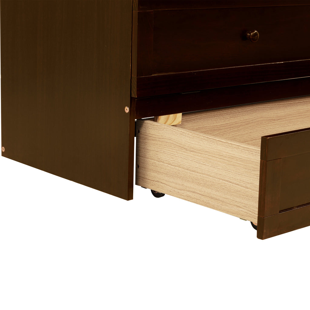 Queen Size Murphy Bed, Pine Wood Cabinet Bed with Rattan Decoration and Storage Drawer,Walnut