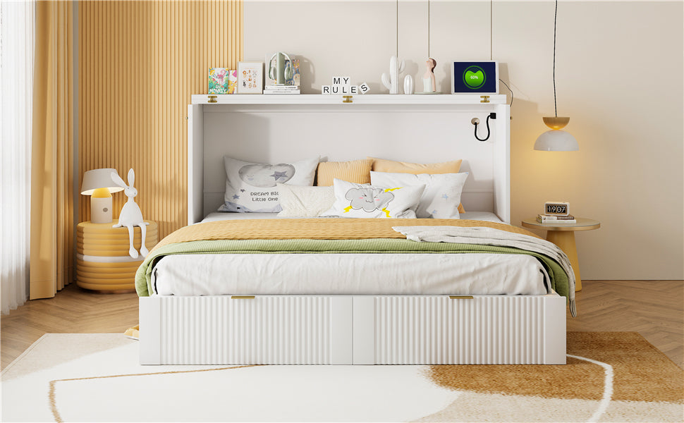 Queen Size Murphy  Bed with drawer and a set of Sockets & USB Ports, Pulley Structure Design, White