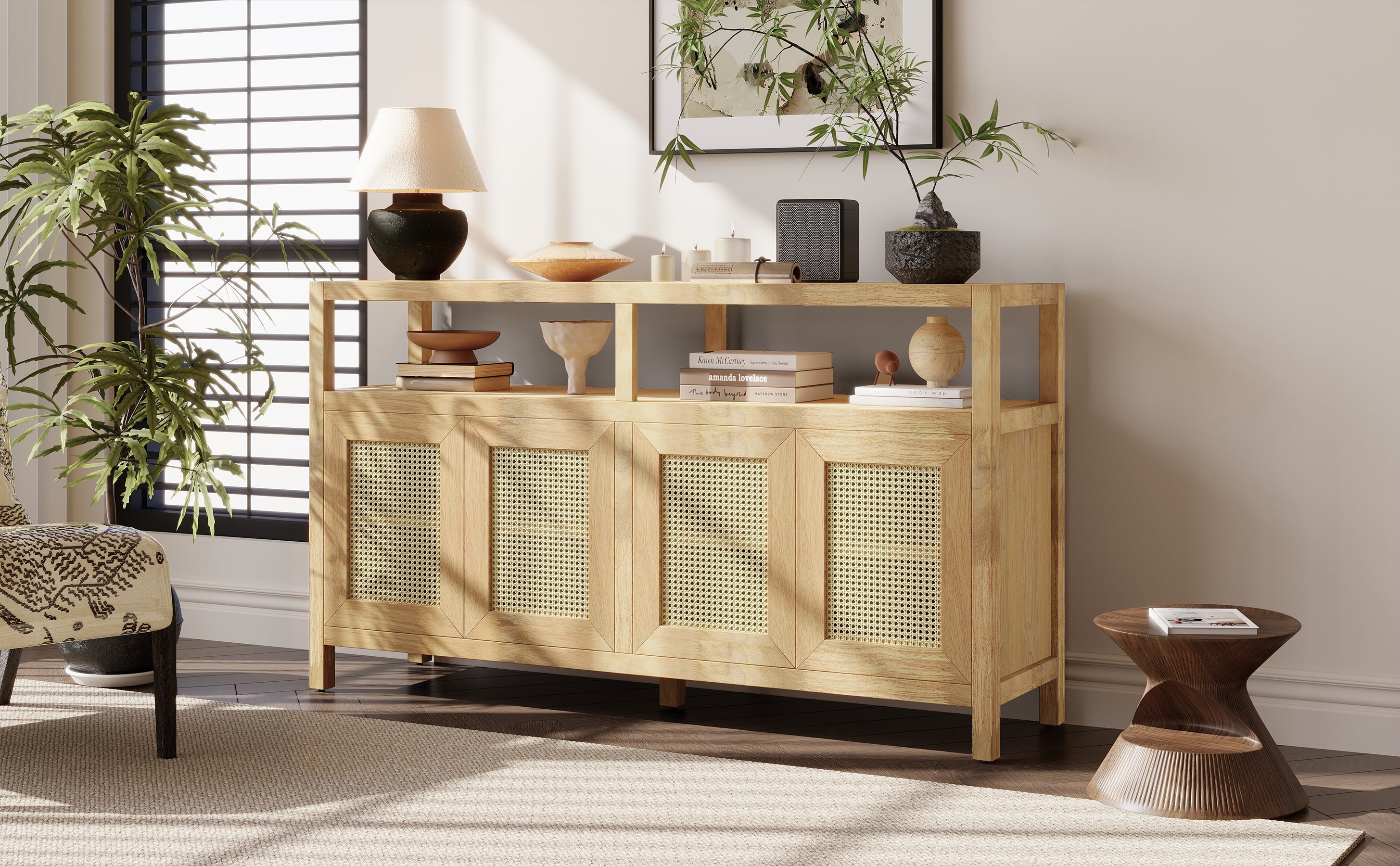 TREXM Bohemian Style Rattan Buffet Storage Cabinet with Solid Wood Frame, Sideboard with 3-position Adjustable Shelves for Living & Dining Rooms, No-Handle Push-to-Open Design (Natural)