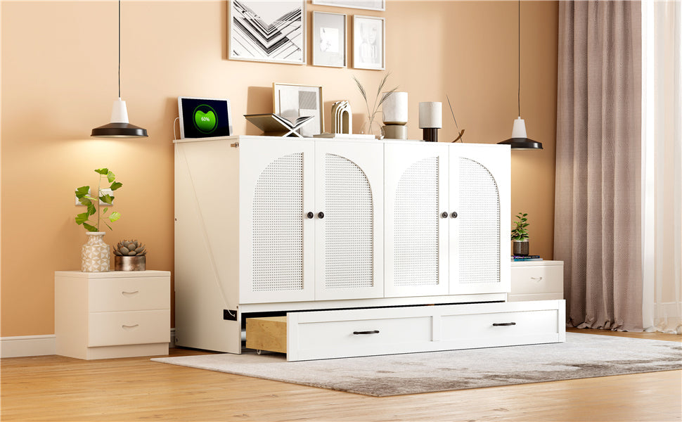 Queen Size Murphy Bed with Large Drawers, White