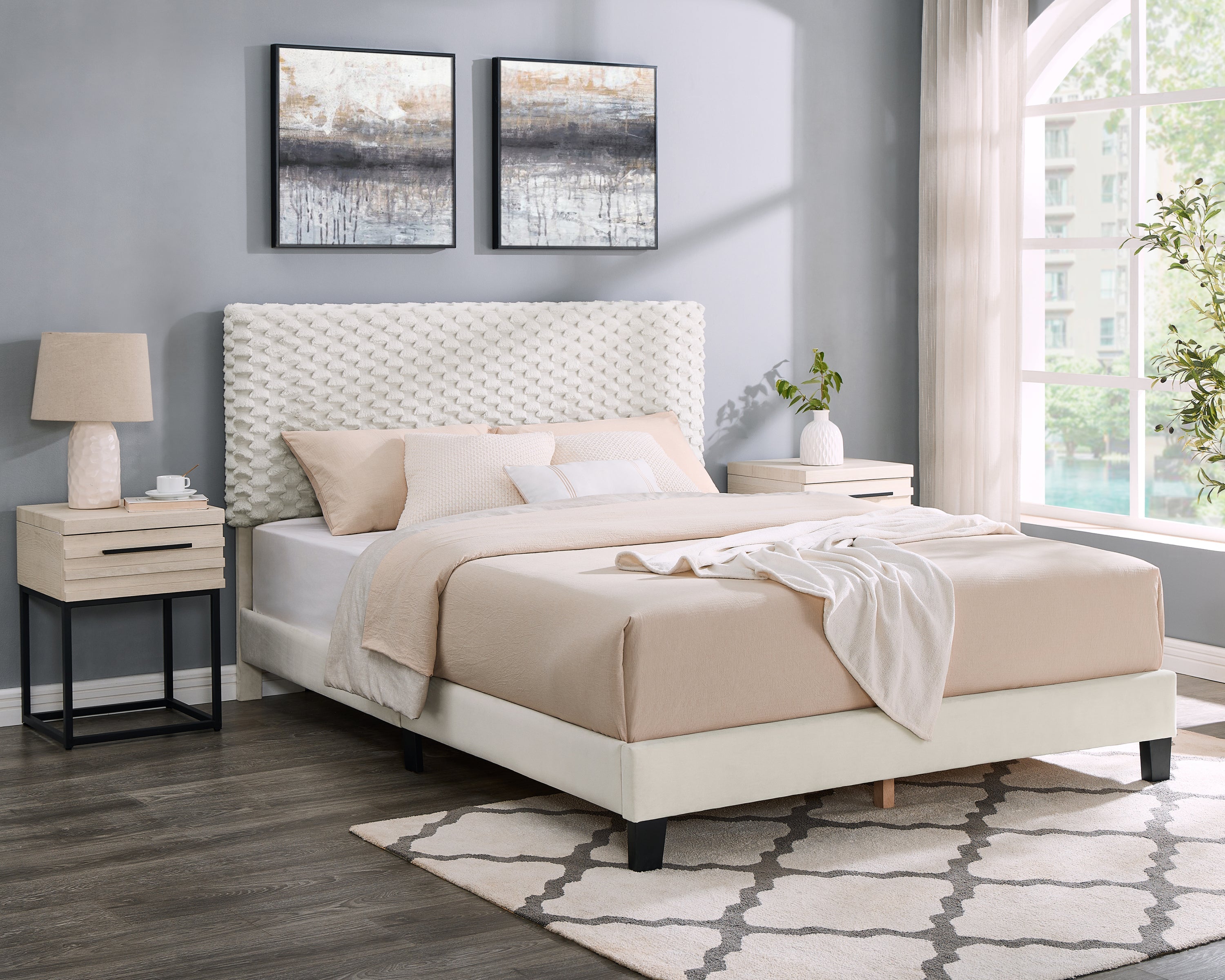Findlay 3-Piece Bedroom Set, Plush 3D Upholstered Bed with Two Nightstands, Queen